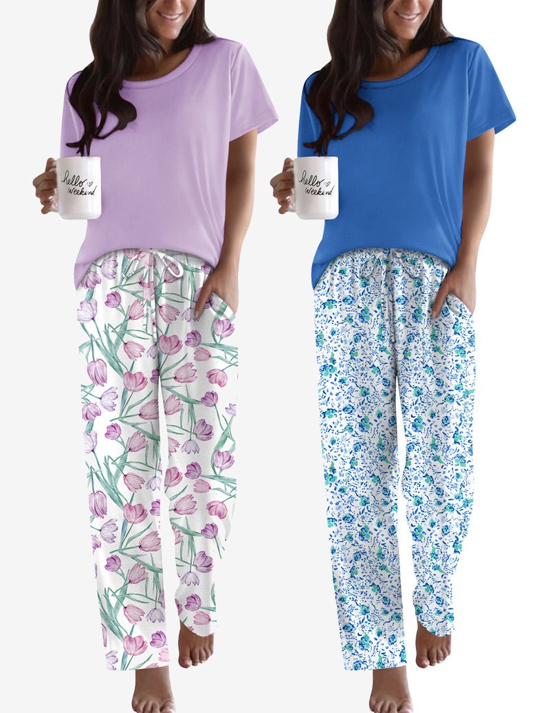 2-pack pajama set: lilac solid top with floral pants + blue top with floral pants