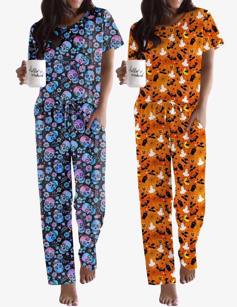 2-pack pajama set: blue skull motif + orange cat motif, short sleeves and long pants