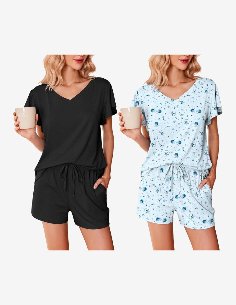 2-pack pajama set: black and light blue star print V-neck ruffle sleeves with drawstring.