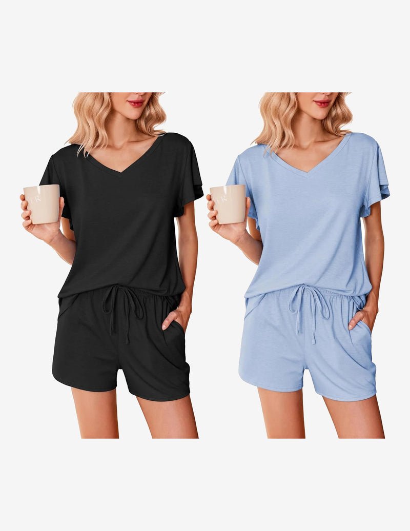 2-pack pajama set: black and light blue V-neck ruffle sleeves with drawstring shorts.