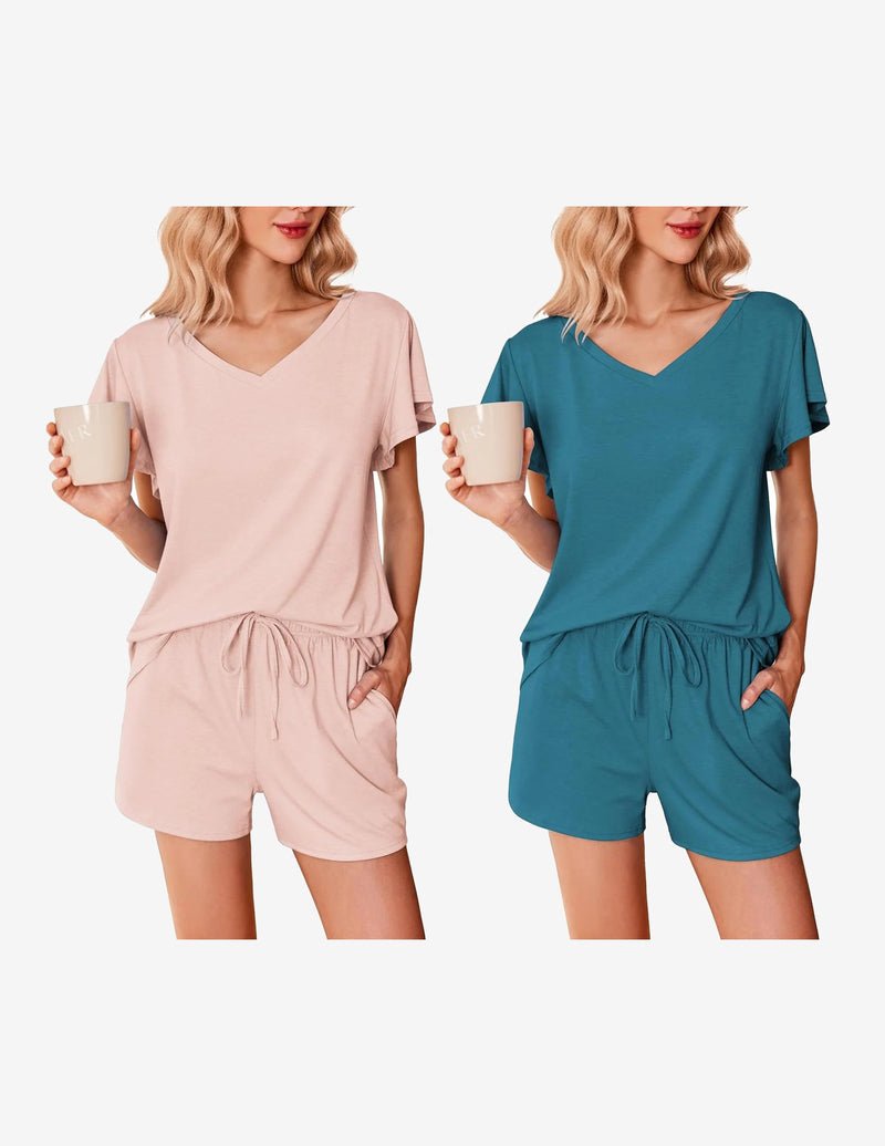 2er-Set Pyjamas: rosafarben und petrolgrün, V-Ausschnitt, Rüschenärmel, Kordelshorts