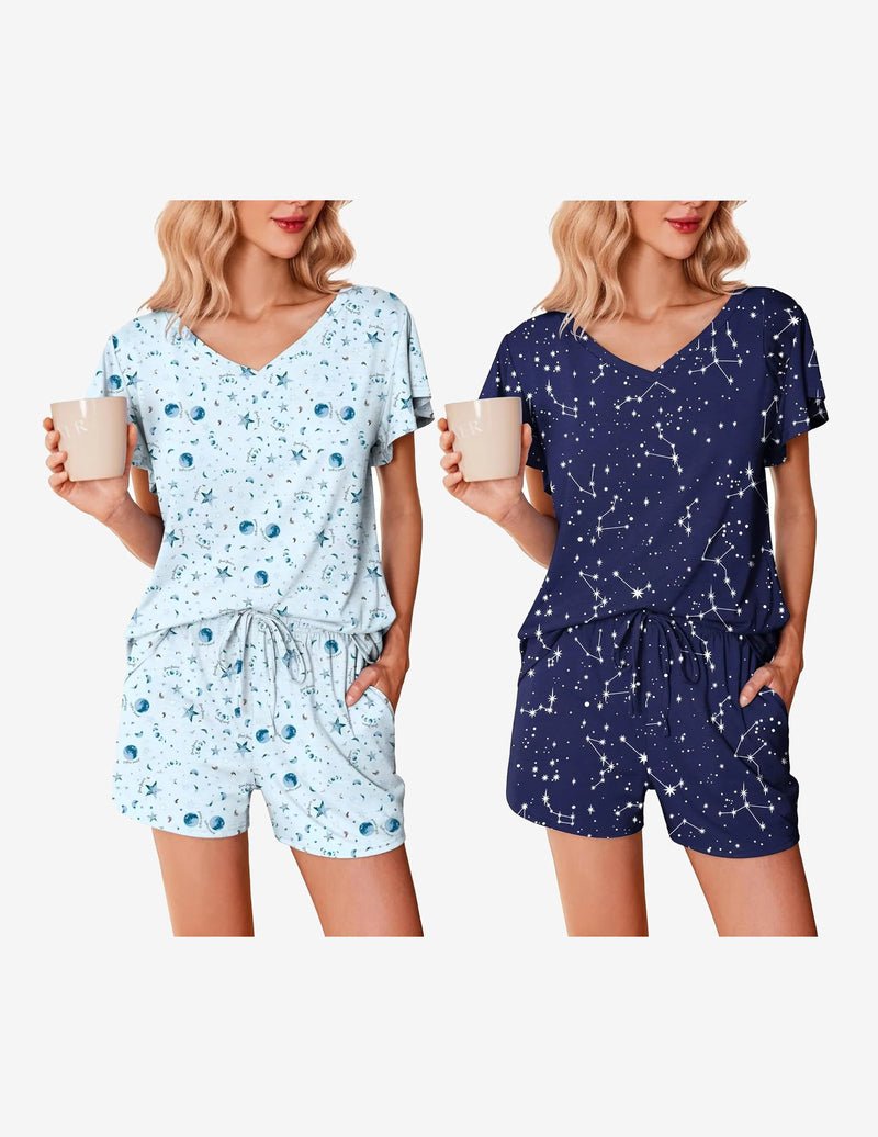 2er-Set Pyjamas: hellblaues Sternmuster und dunkelblau, V-Ausschnitt, Rüschenärmel, Kordelshorts