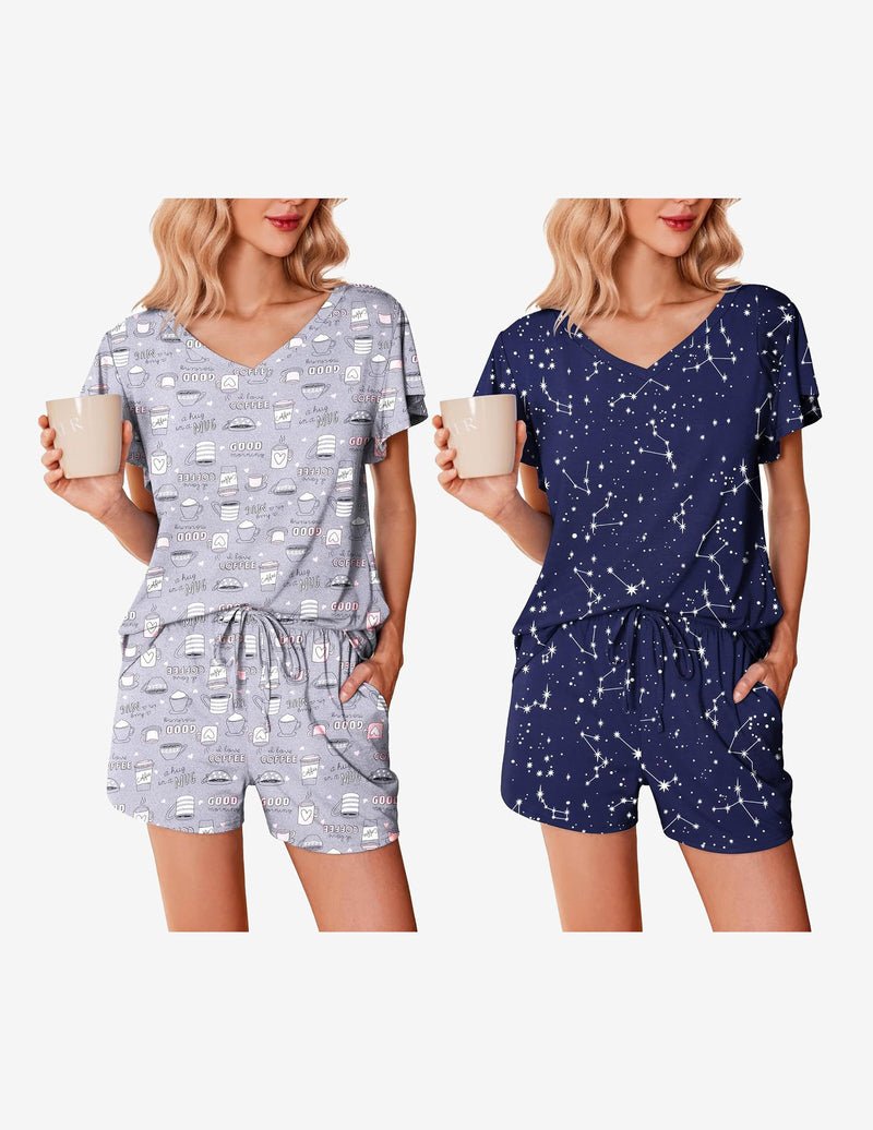 2er-Set Pyjamas: hellgraues Icons-/Kaffeetassenmuster und dunkelblaues Sternmuster, V-Ausschnitt