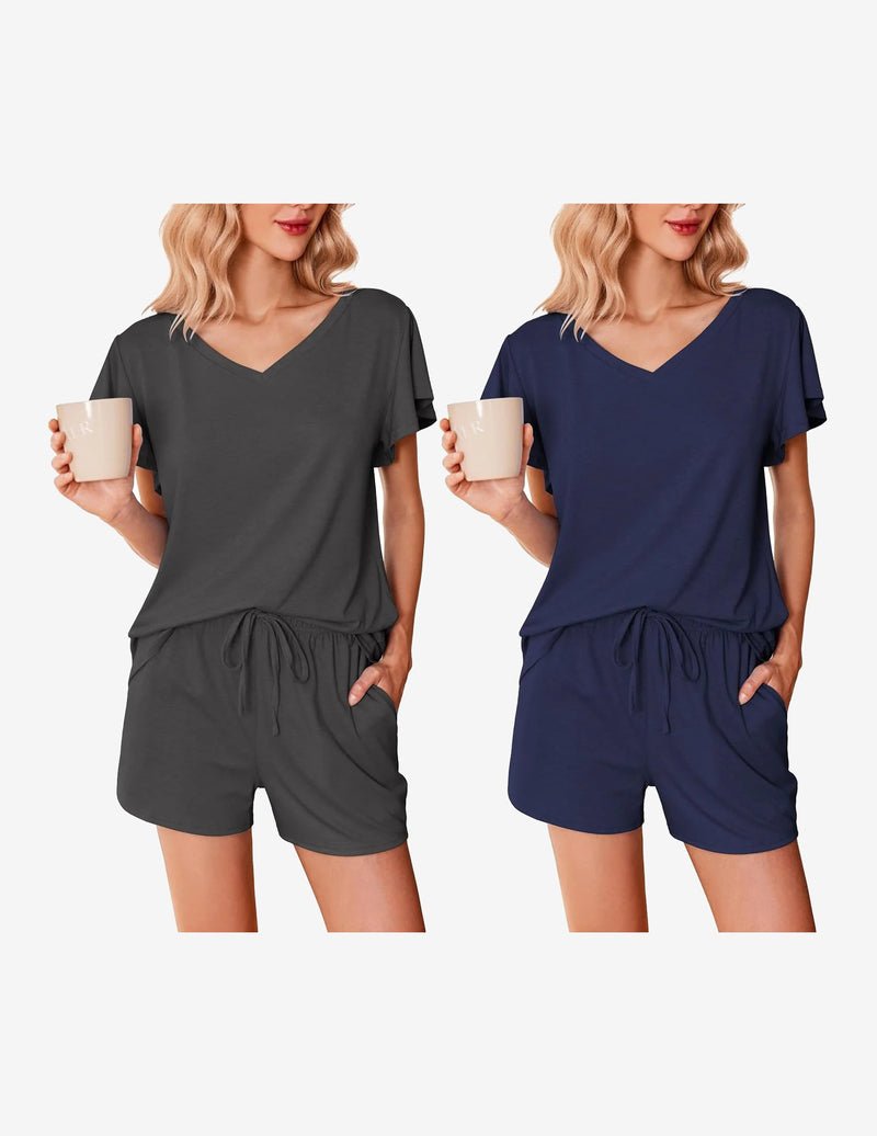 2er-Set Pyjamas: schwarzer und dunkelblauer Uni-Look, V-Ausschnitt, Rüschenärmel, Kordelshorts