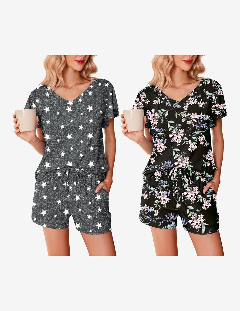 2er-Set Pyjamas: dunkelgraues Sternmuster und schwarzes Blumenmuster, V-Ausschnitt, Rüschenärmel
