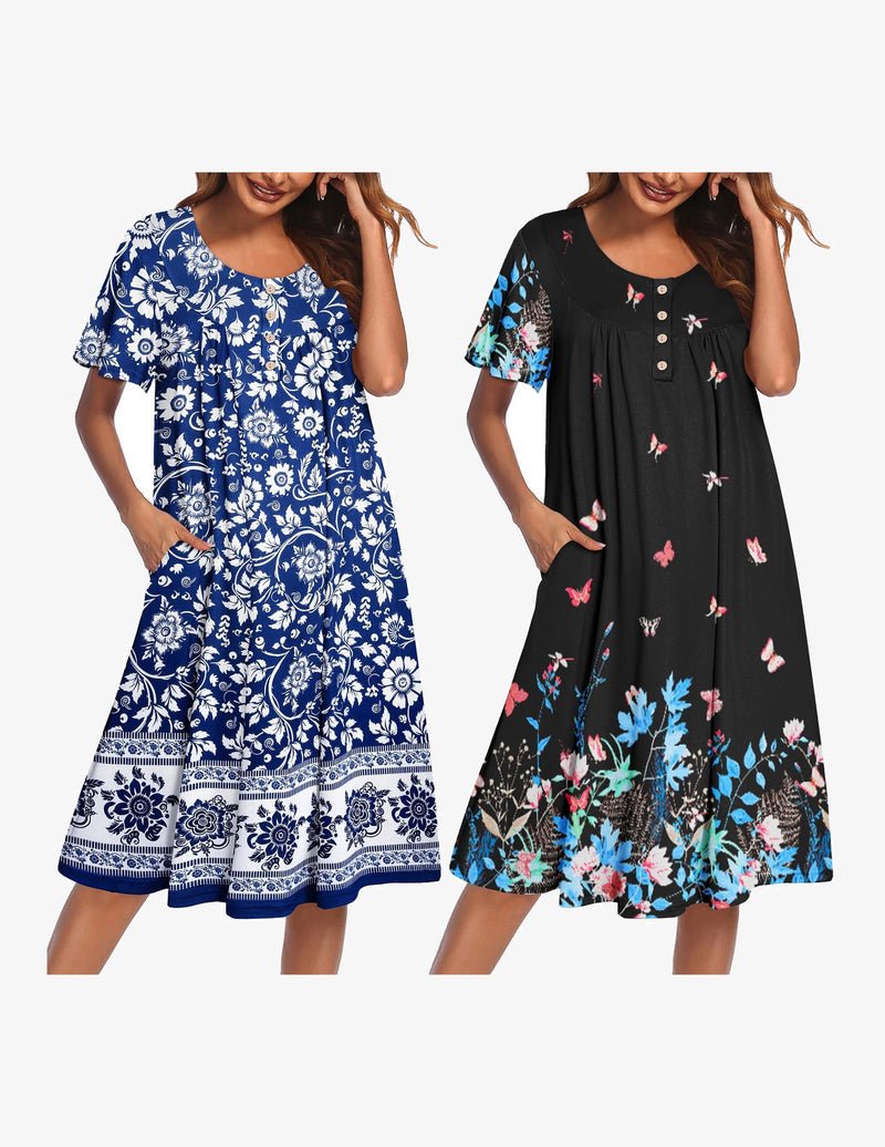 2-pack mumu nightgowns: blue floral print option and black floral with colorful butterflies