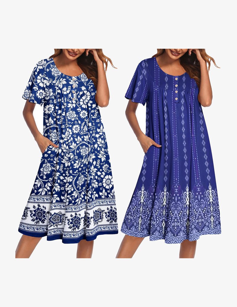 2-pack mumu nightgowns: blue floral print option and deep blue patterned option