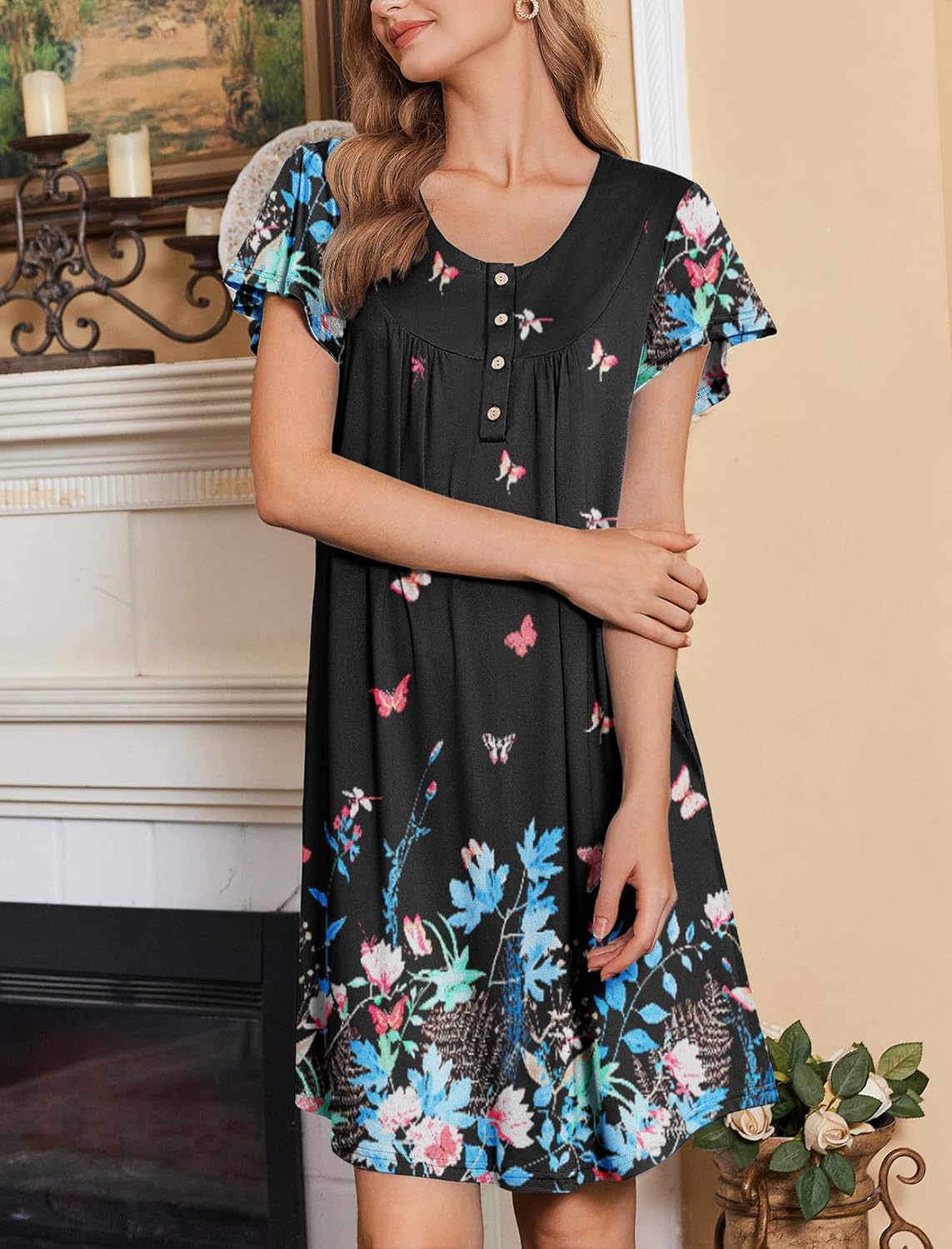Black plus-size mumu nightgown dress with colorful butterfly floral print, button-front