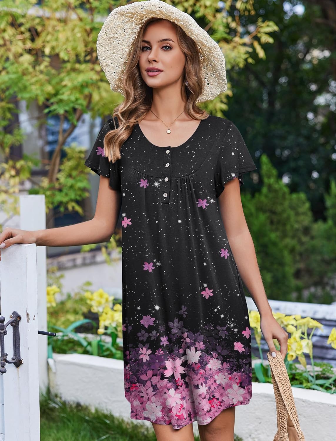 Black plus-size mumu nightgown dress with pink floral accents, button-front yoke