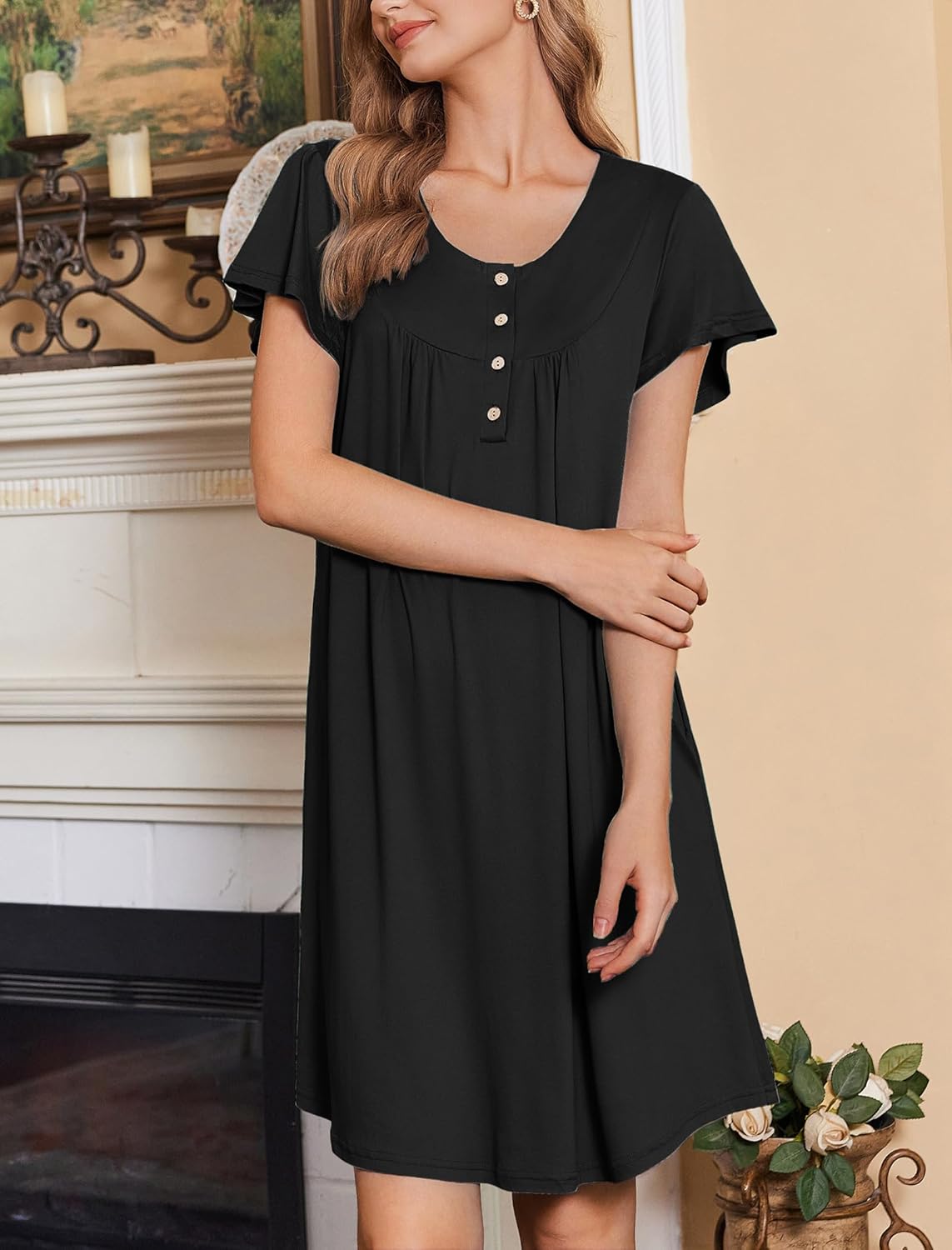 Nightgown lounge dress, solid black with short sleeves and button-front placket
