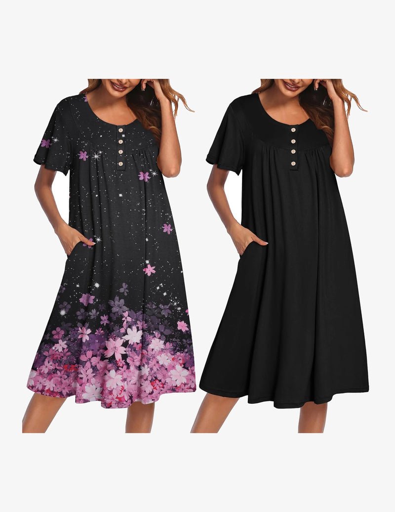 Pair of plus-size mumu nightgowns: black starry floral and solid black, button-front