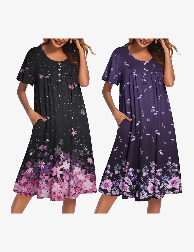 2-pack mumu nightgowns: black floral with pink flowers, plus dark purple floral option