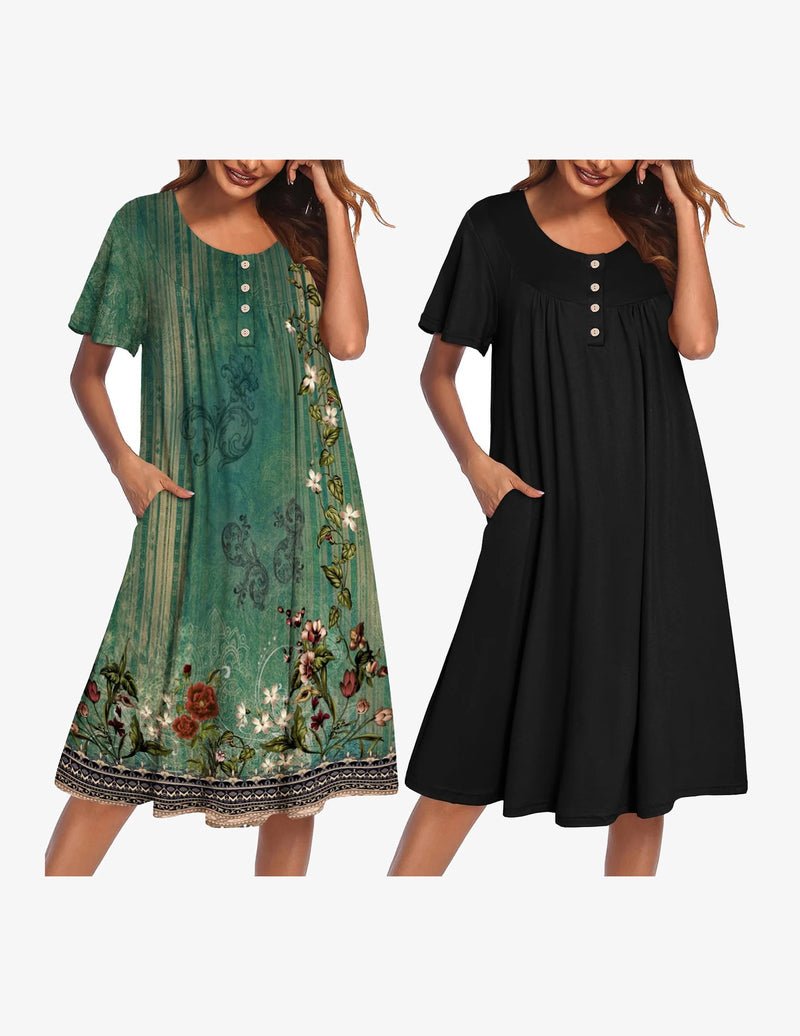 2-pack mumu nightgown: green floral and black button-front short-sleeve lounge dress