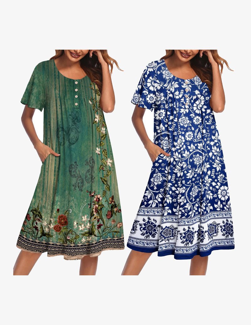 2-pack mumu nightgown: green floral and blue floral button-front short-sleeve lounge dress