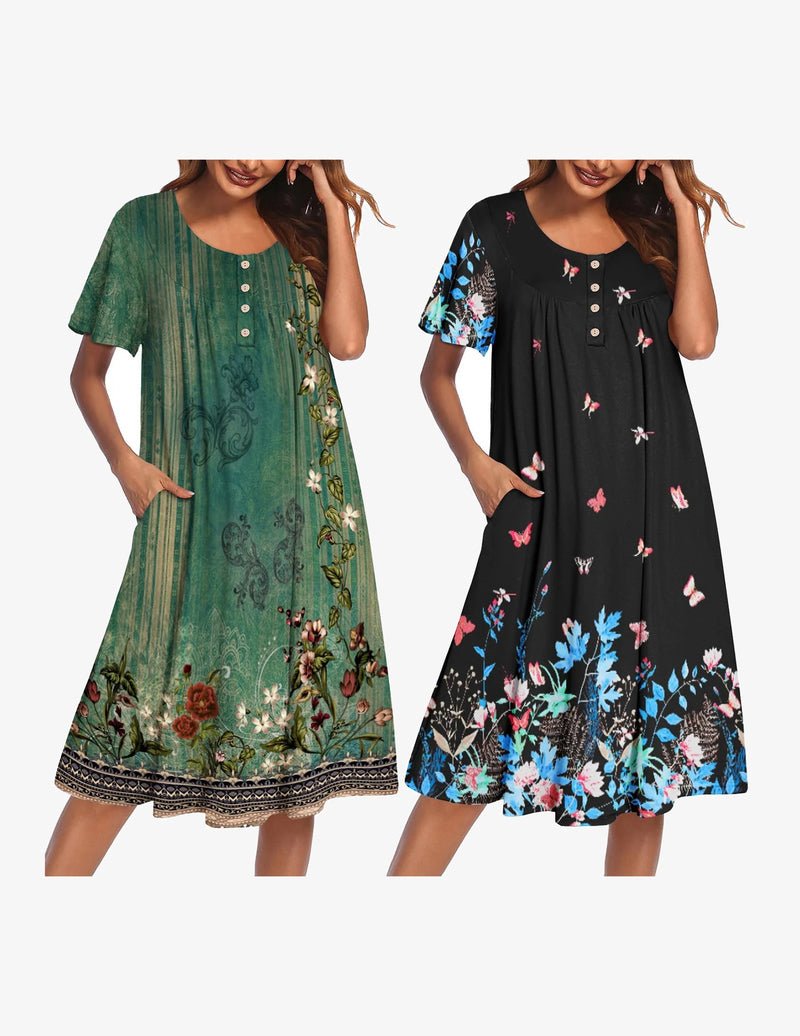 Green floral plus-size mumu nightgown dress, short sleeves, button-front yoke