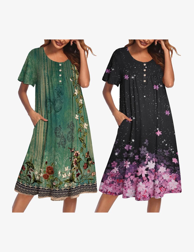 2-pack mumu nightgowns: green floral patchwork option and black floral option