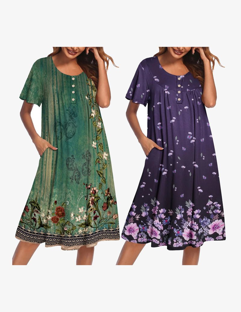 2-pack mumu nightgown: green floral and purple floral button-front short-sleeve lounge dress