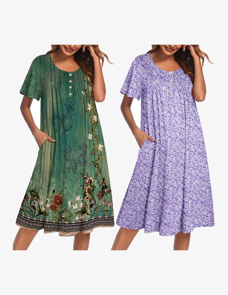 2-pack mumu nightgowns: green floral option and lavender micro-floral option