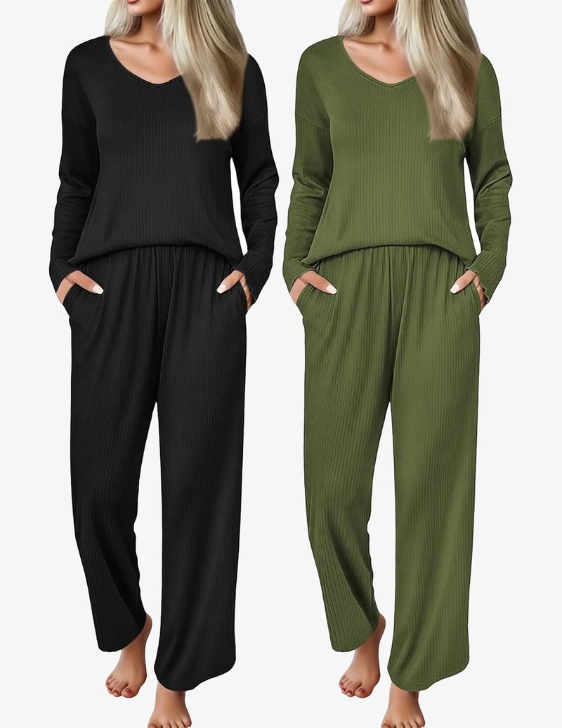2-pack ribbed knit pajama sets: black and olive V-neck long-sleeve tops with pants.