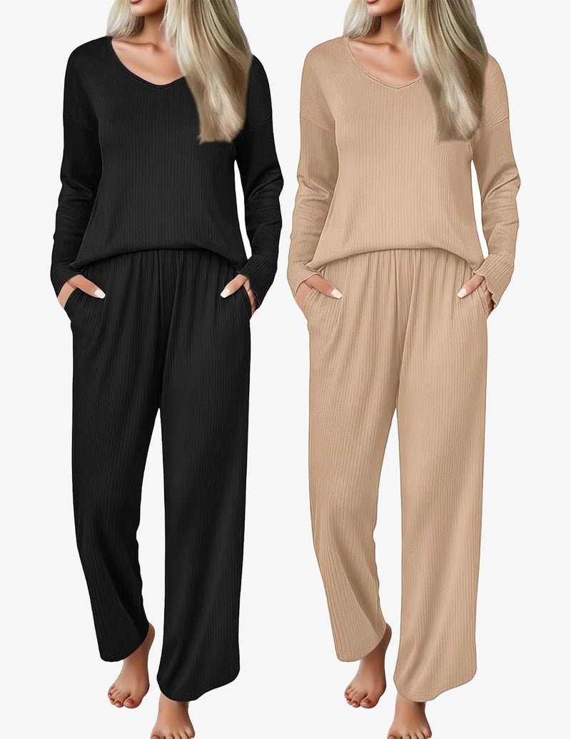2-pack ribbed knit pajama sets: black and beige V-neck long-sleeve tops with pants.