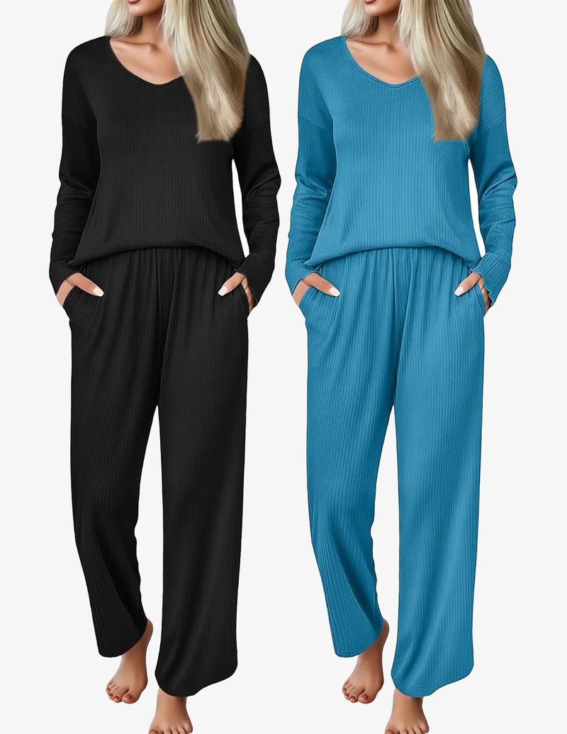 2-pack ribbed knit pajama sets: black and blue V-neck long-sleeve tops with pants.
