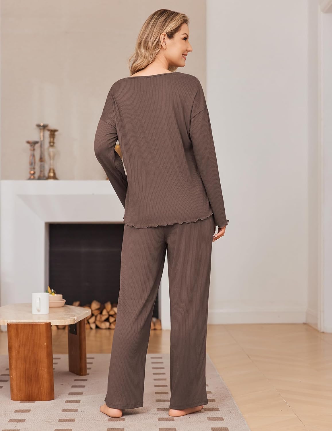 Ribbed knit pajama set: V-neck top and wide-leg pants (dark brown), back view.