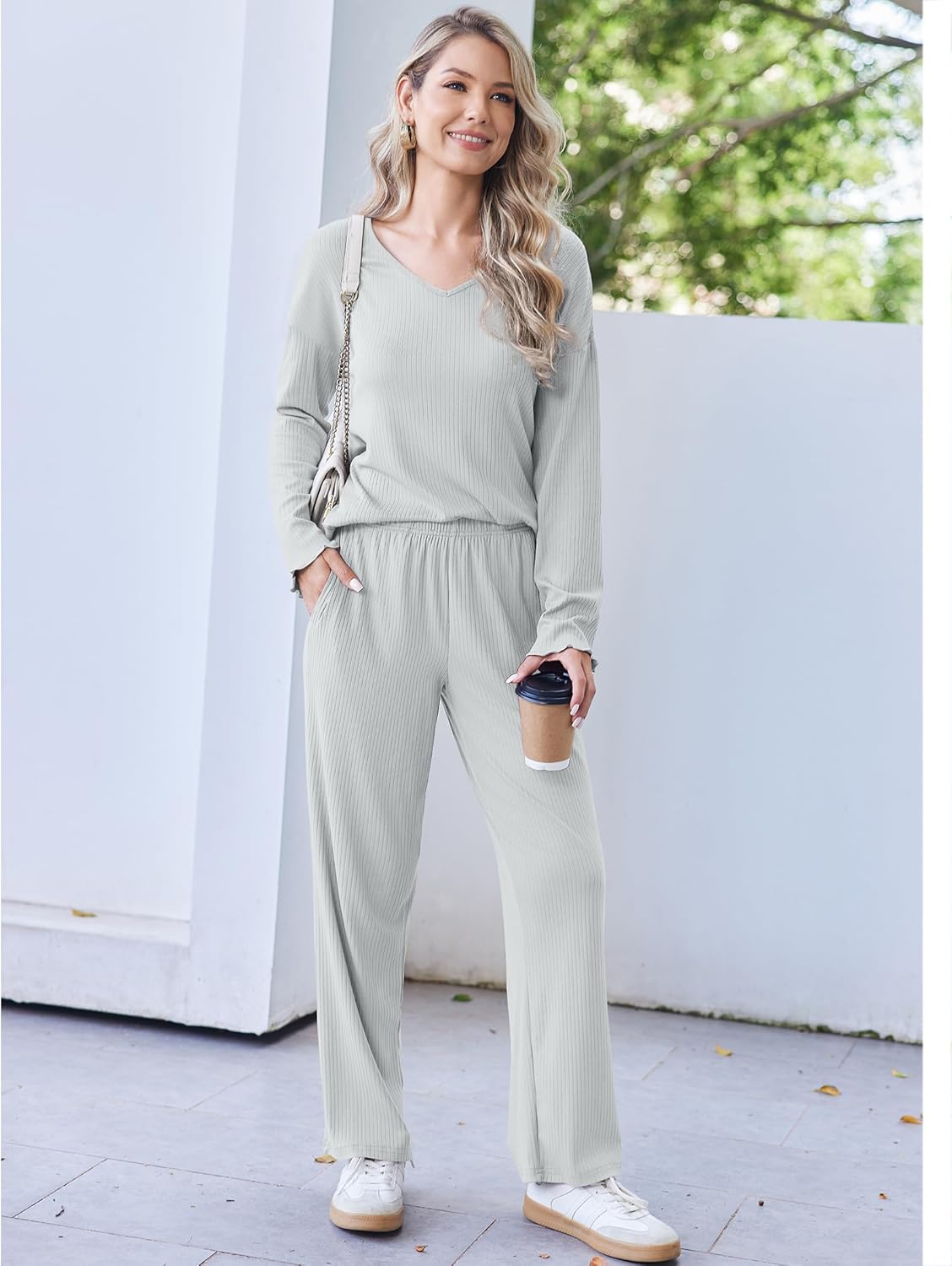 Ribbed knit pajama set: V-neck long-sleeve top and wide-leg pants (light green).