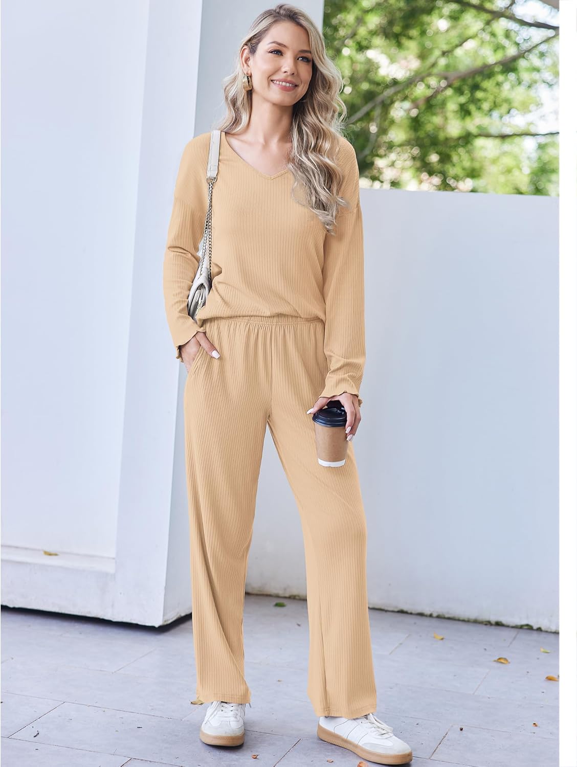 Ribbed knit pajama set in tan: V-neck long sleeve top and wide-leg pants
