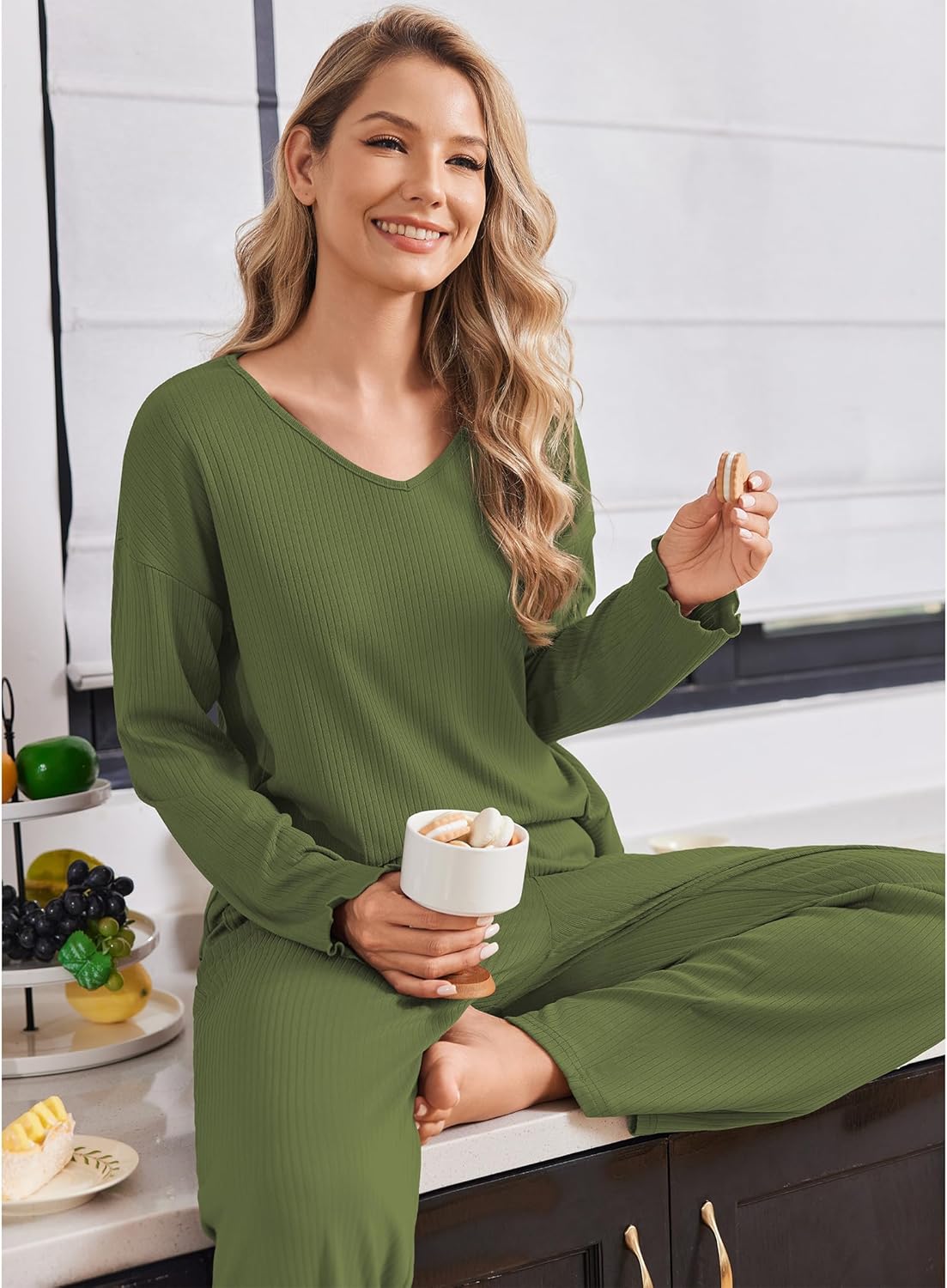 Ribbed knit pajama set in dark green: V-neck long sleeve top and wide-leg pants