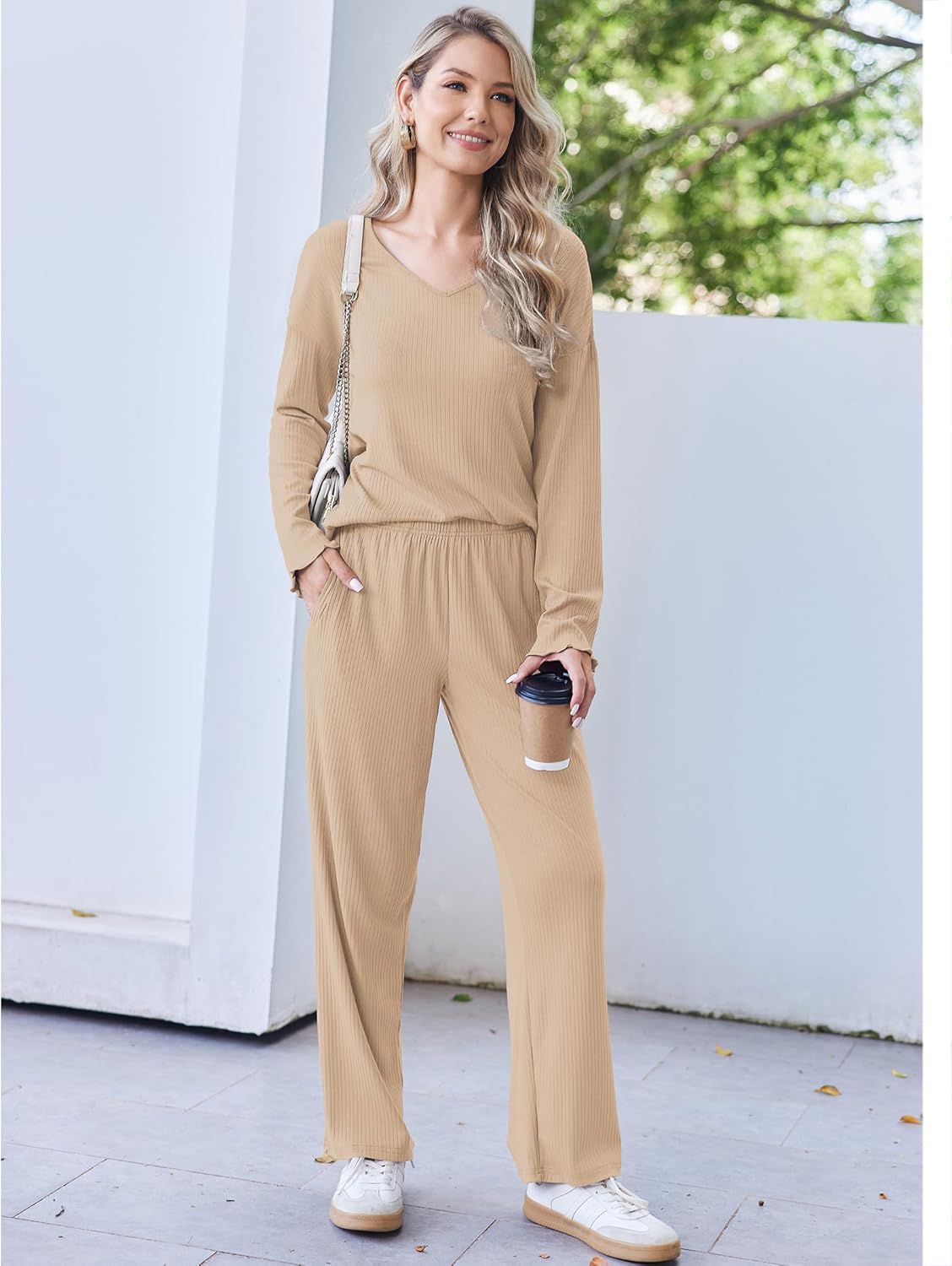 Tan ribbed knit pajama set with V-neck long sleeve top and wide-leg pants