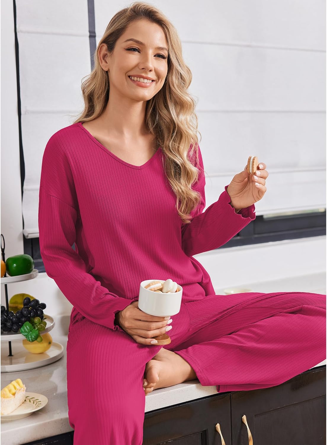 Gerippter Schlafanzug V-Ausschnitt, langarm, lange Hose in Fuchsia