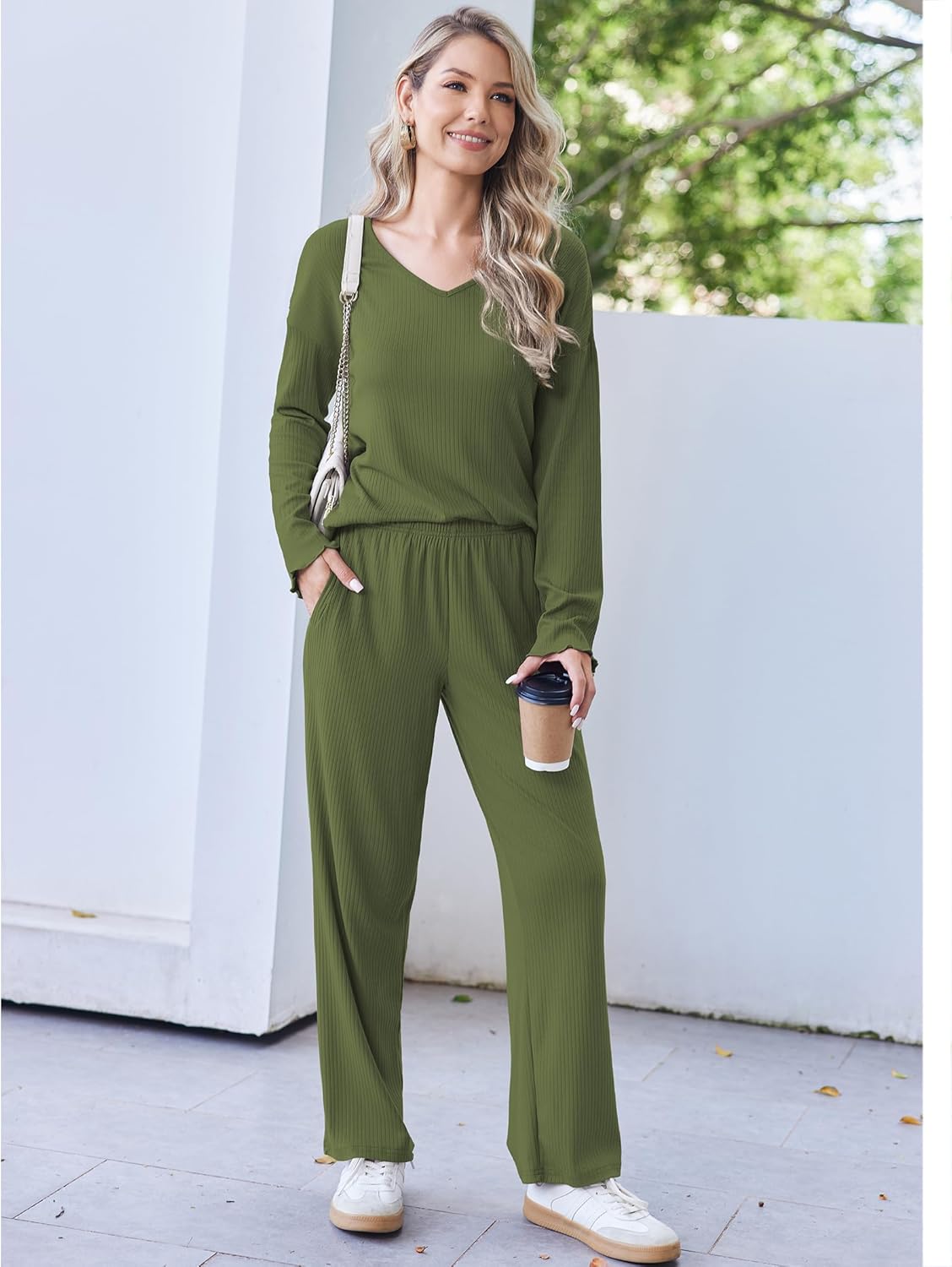 Olive green ribbed knit pajama set, V-neck long sleeve top and wide-leg pants