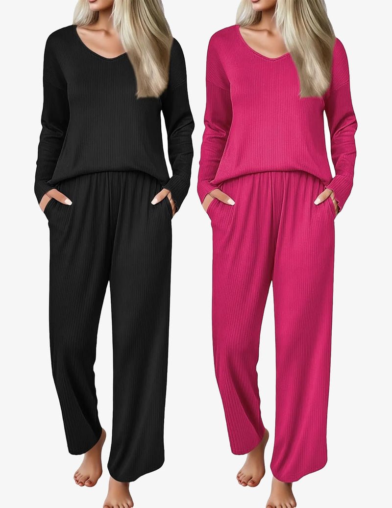 2er Schlafanzug-Set V-Ausschnitt gerippt: schwarz und fuchsia, lange Hose & Ärmel
