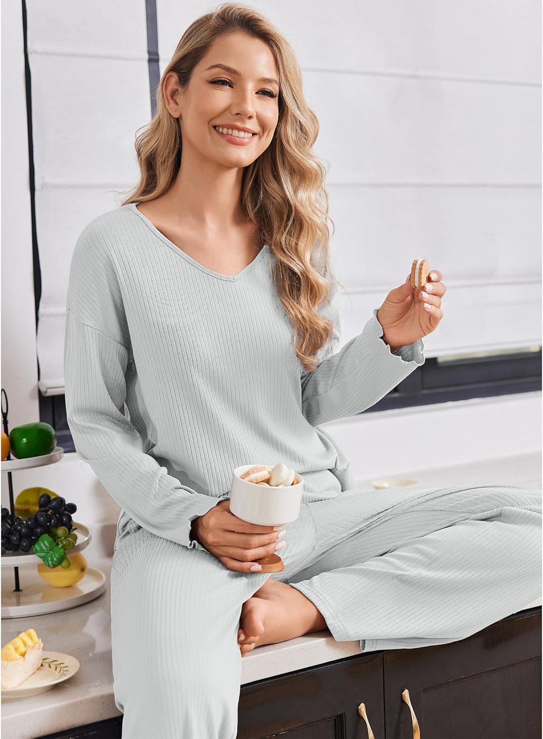Light gray ribbed knit pajama set with V-neck long sleeves and wide-leg pants