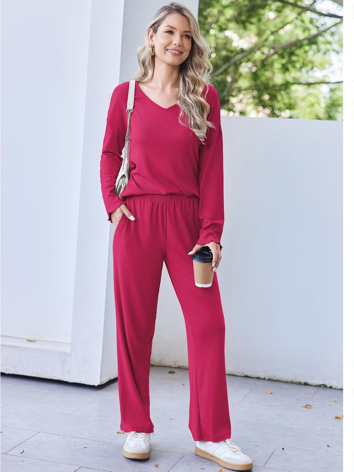 Ribbed knit pajama set, V-neck long sleeve top and wide-leg pants in rose red