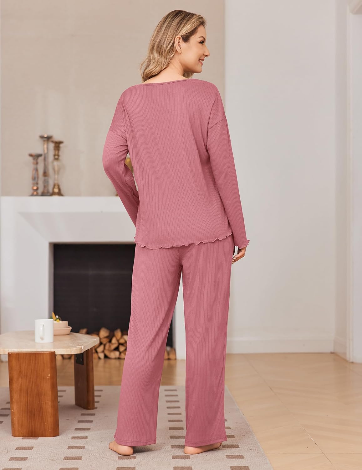 Ribbed knit pajama set in dusty mauve pink, back view: V-neck top and wide-leg pants