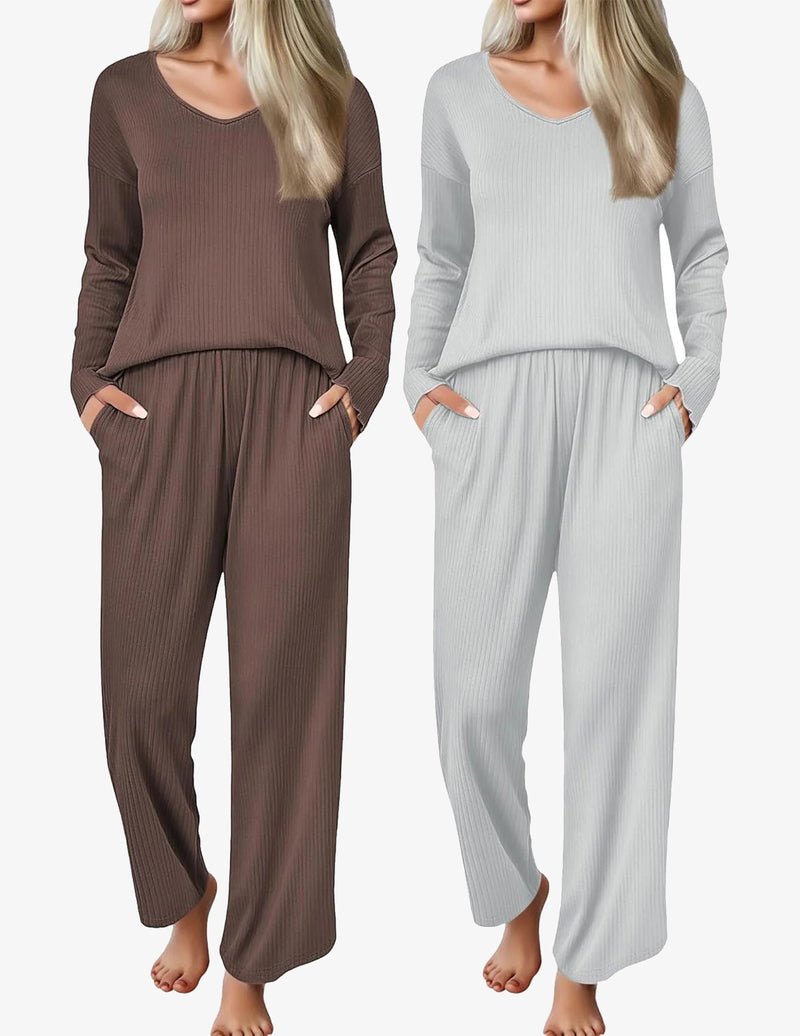 2-pack ribbed knit pajama sets: brown and light gray V-neck long-sleeve tops with pants.