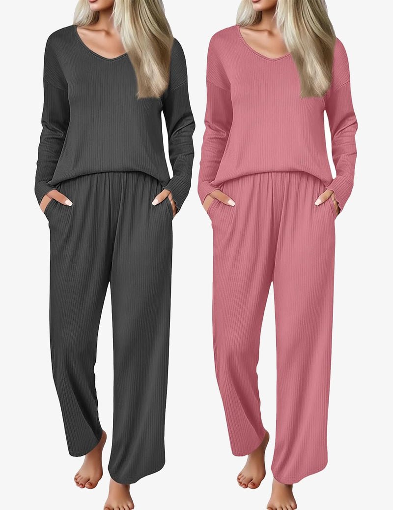 2-pack ribbed knit pajama sets: dark charcoal and rose V-neck long-sleeve tops with pants.