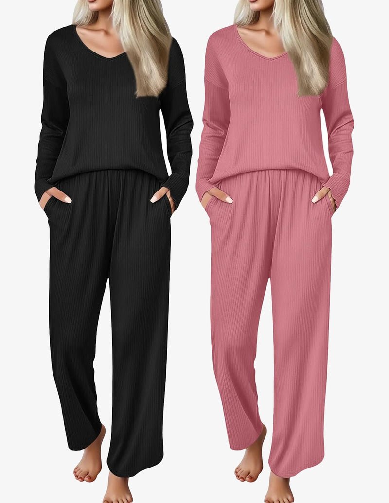 2-pack ribbed knit pajama sets: black and dusty pink V-neck long-sleeve tops with pants.