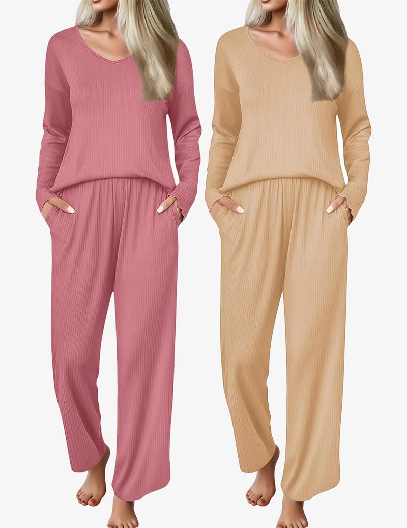 2-pack ribbed knit pajama sets: rose pink and tan V-neck long-sleeve tops with pants.