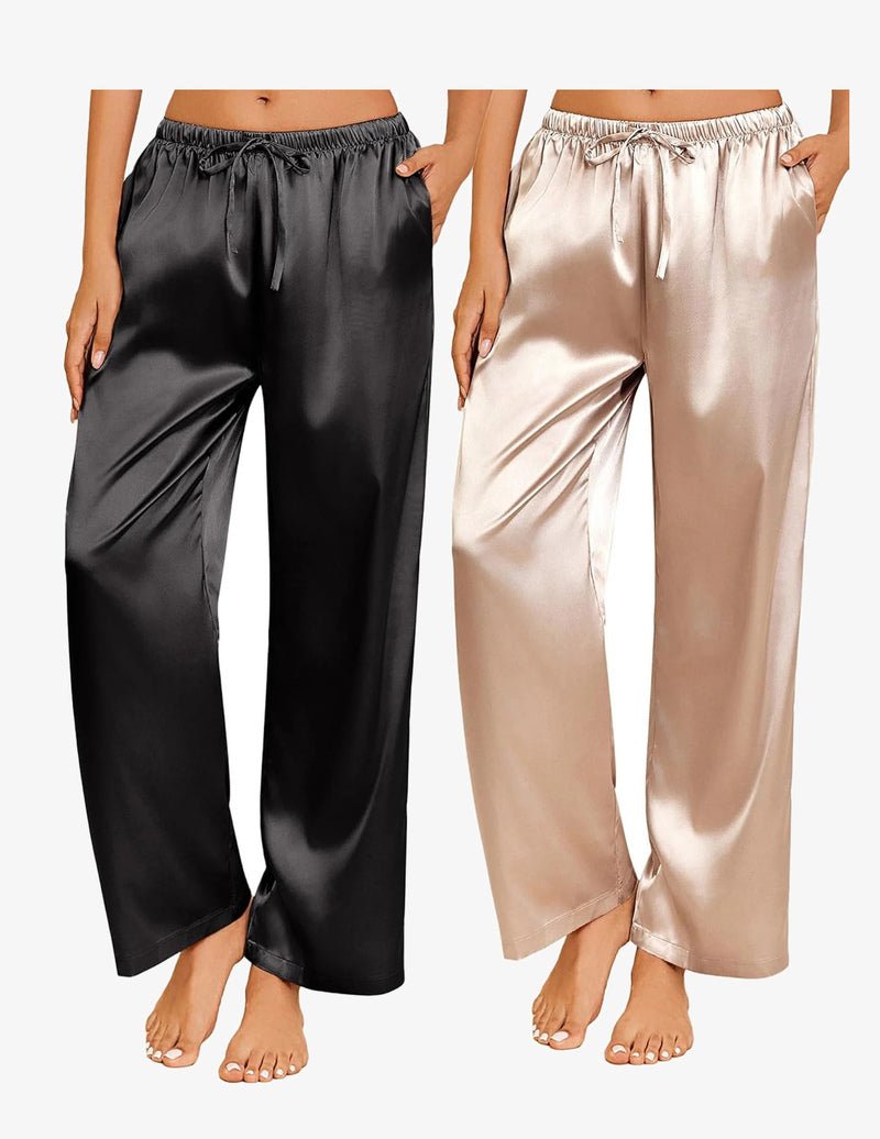 2-pack satin pajama pants: black & champagne satin, wide drawstring elastic waist.