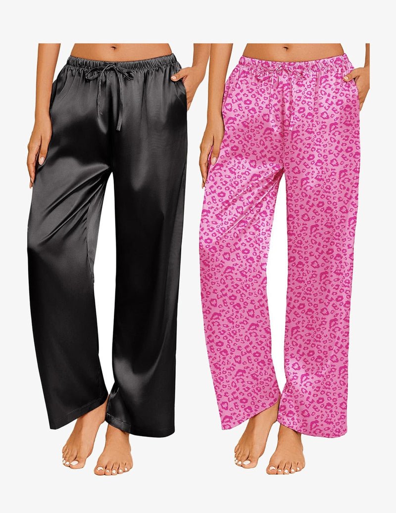 2-pack satin pajama pants: black & pink leopard, elastic drawstring waist.