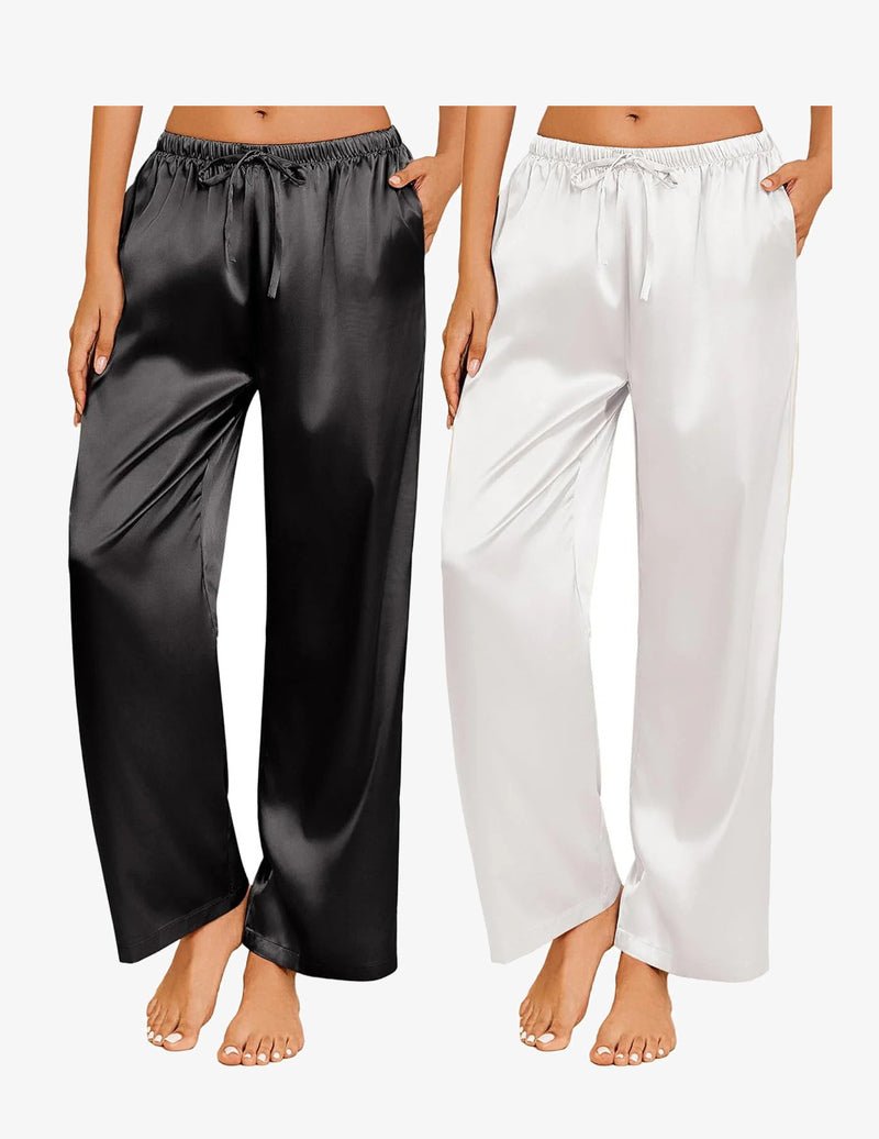 2-pack satin pajama pants: black & white satin, elastic drawstring waist.