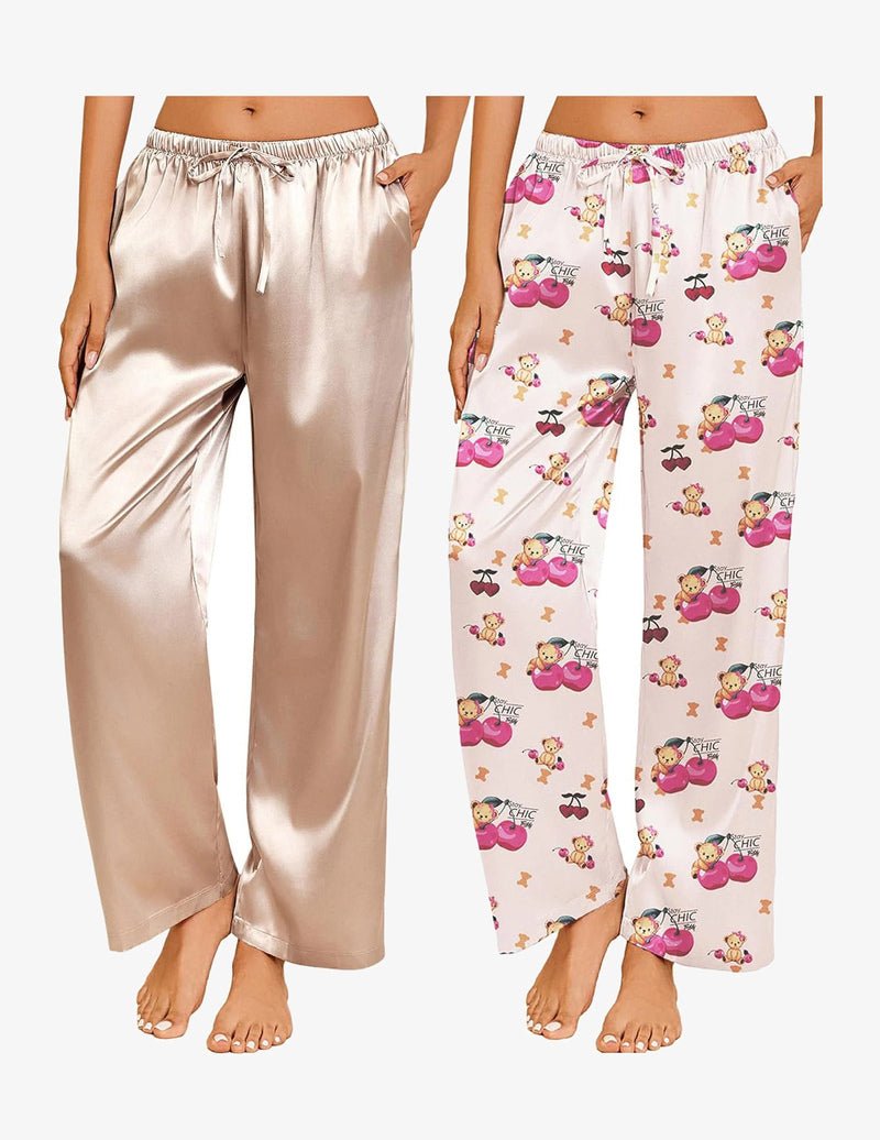 2-pack satin pajama pants: champagne solid and white cartoon print, elastic waist & tie