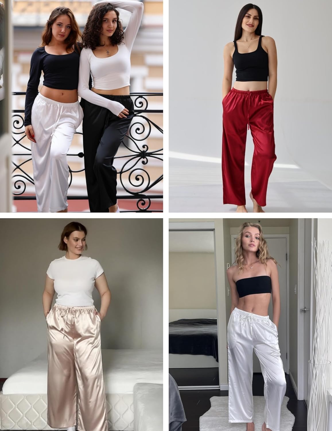 Satin pajama pants set: black and white plus red wide-leg trousers, drawstring elastic waist