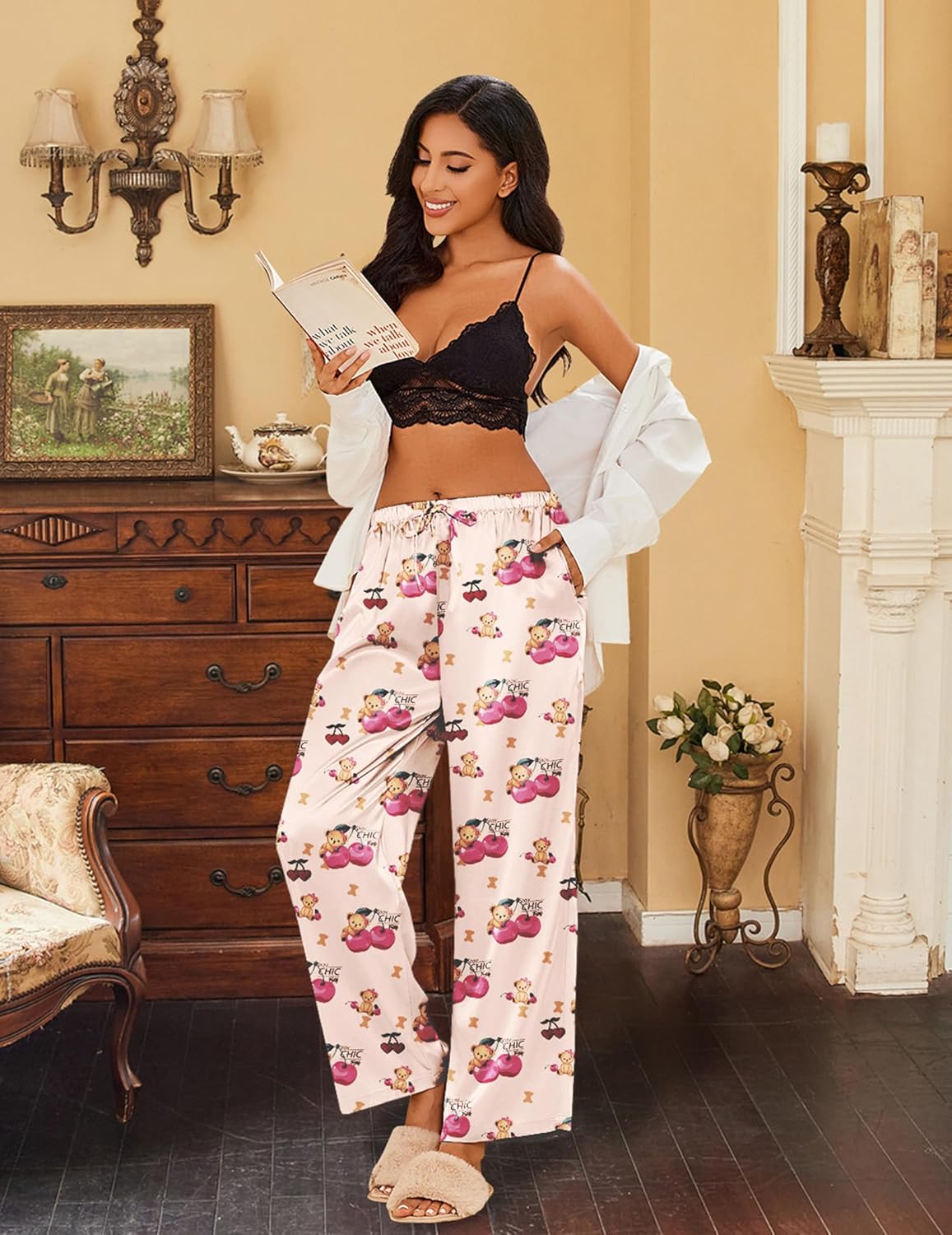 Satin pajama pants in white with teddy print, elastic drawstring waist, ankle length