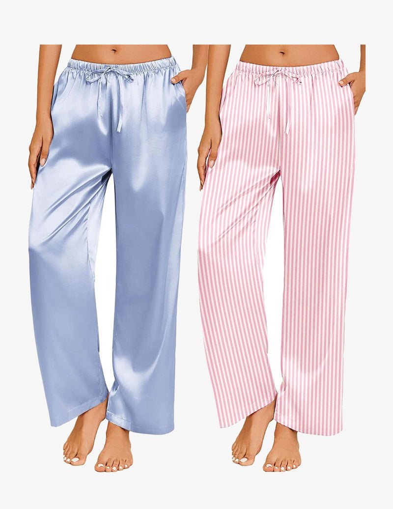 2-pack satin pajama pants: light blue solid and pink striped, elastic drawstring waist, wide-leg