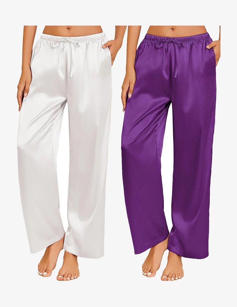2-pack satin pajama pants: white solid and purple solid, elastic drawstring waist, wide-leg