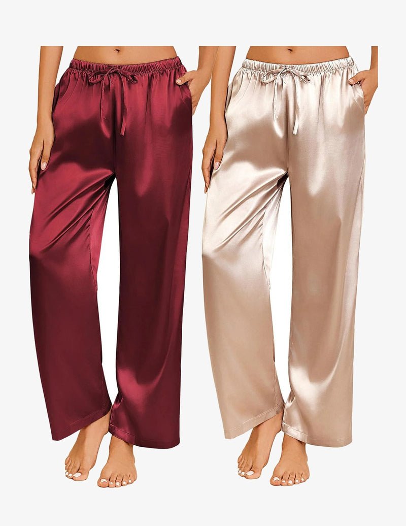 2-pack satin pajama pants: burgundy & champagne satin, elastic drawstring waist.