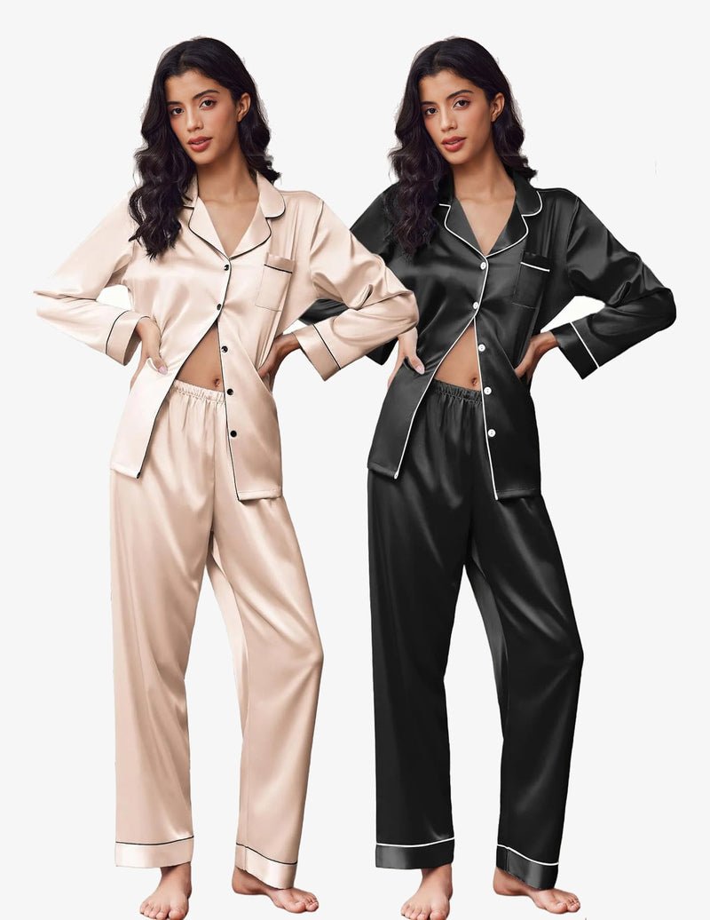 2-pack satin pajama sets: champagne button-front and black button-front with contrast trim